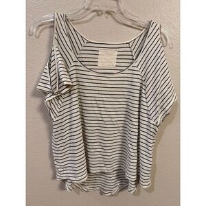Guess Striped Cold Shoulder Tee Shirt Top Women's XS Navy White Button Detail